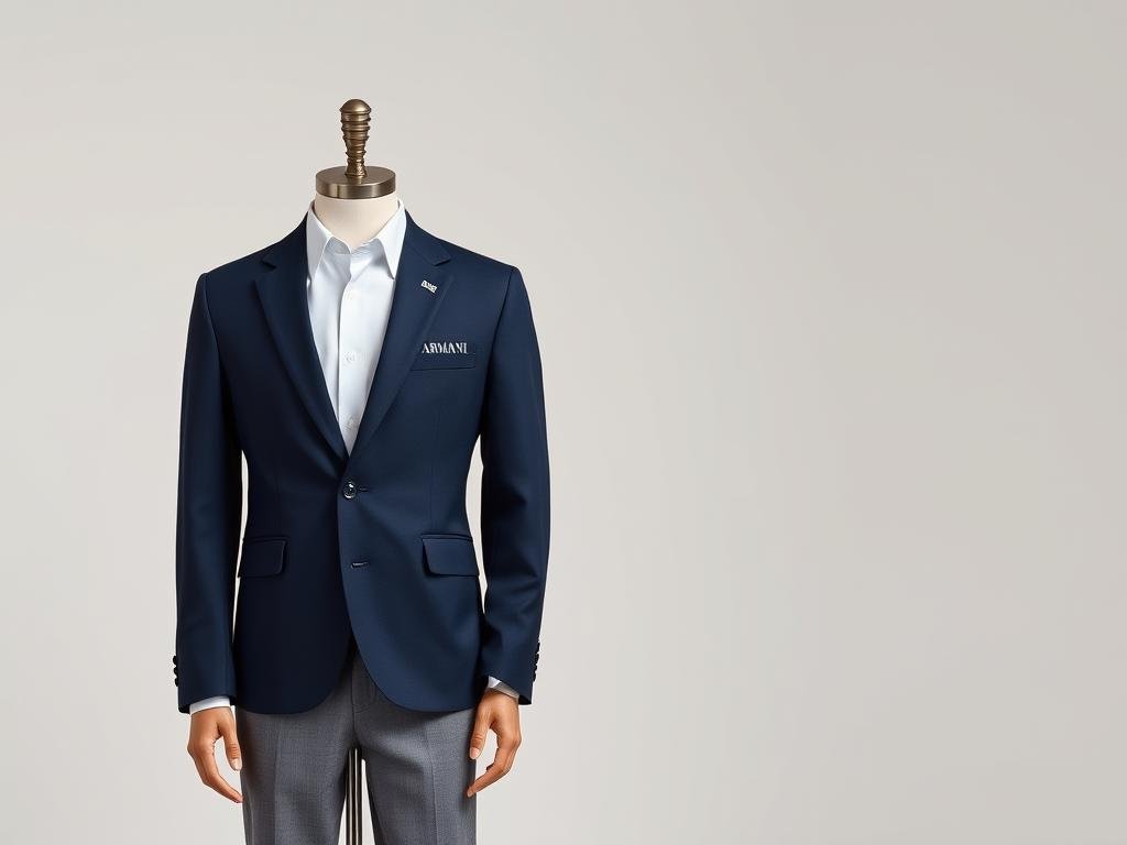 Armani Junior Uniform featuring tailored navy blazer with subtle logo, white shirt, and gray trousers with Italian craftsmanship