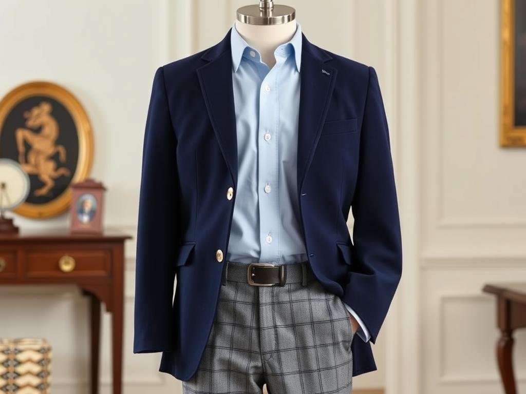 Brooks Brothers Junior Collection featuring navy blazer with gold buttons, oxford shirt, and gray flannel trousers for traditional school uniform