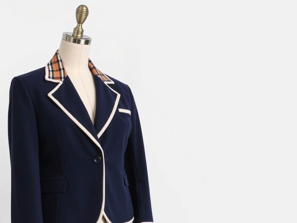 Burberry Check Trim Uniform with signature check pattern on collar and cuffs of navy blazer with matching skirt