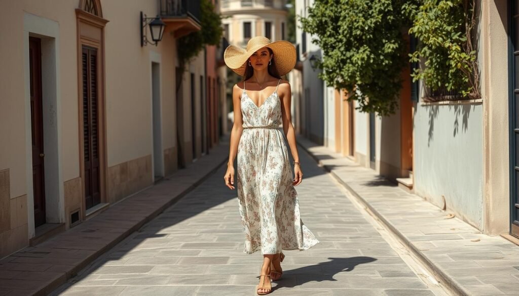 Femme portant une robe d'été de luxe accessoirisée avec un chapeau de paille et des sandales, illustrant les conseils de style pour les robes d'été les plus tendance Femme portant une robe d'été de luxe accessoirisée avec un chapeau de paille et des sandales, illustrant les conseils de style pour les robes d'été les plus tendance