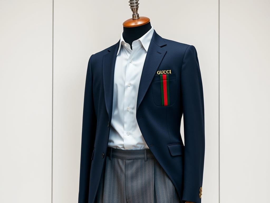 Gucci Web Stripe Uniform featuring navy blazer with signature green and red web stripe detail, white shirt, and tailored gray trousers
