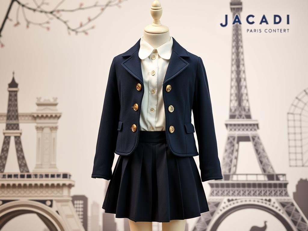 Jacadi Paris School Line featuring navy blazer with gold buttons, white peter pan collar blouse, and pleated navy skirt for French-inspired school uniform