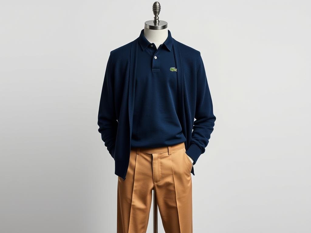 Lacoste School Collection featuring navy polo shirt with small crocodile logo, khaki chinos, and navy cardigan for French school dress code