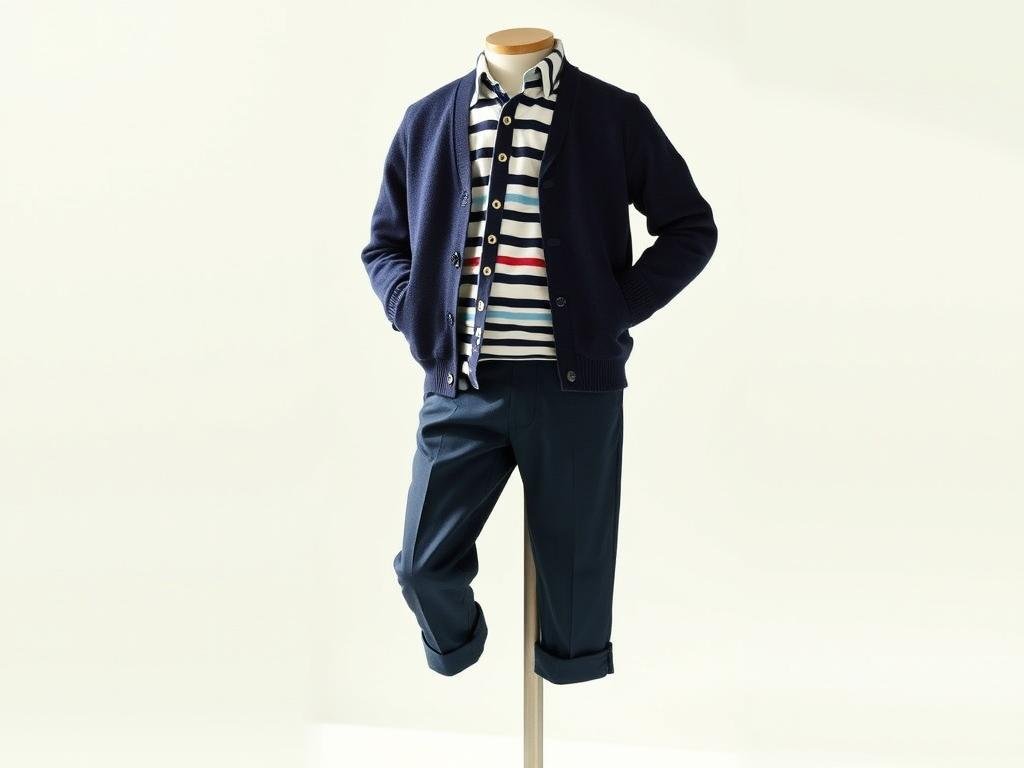 Petit Bateau French Classic featuring navy cardigan, striped Breton shirt, and navy chinos for authentic French school style
