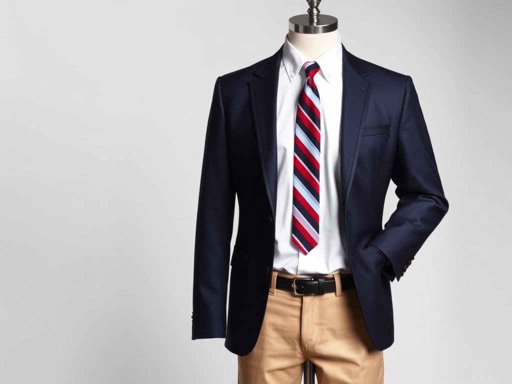 Tommy Hilfiger Preppy Ensemble with navy blazer, red and navy striped tie, white shirt, and khaki chinos for school uniform